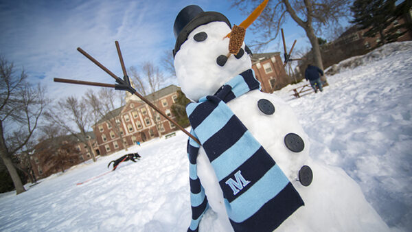 snowman in UMaine scarf