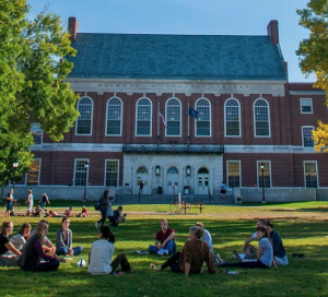 students sitting on the grass in front of Fogler library