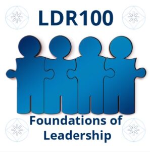 puzzle pieces shaped like people with the words LDR100 Foundations of leadership