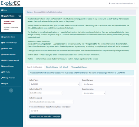 ExplorEC Apply for Classes page