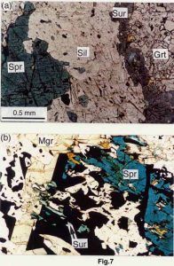 Photomicrographs in plane light of Paleoproterozoic beryllium minerals. Scale applies to both photographs. (a) Part of corona around deeply embayed sapphirine-khmaralite (Spr) showing inner sillimanite (Sil) zone and part of outer garnet (Grt) zone with surinamite (Sur). (b) Ilmenite-hematite intergrowth (opaque) with tabular musgravite (Mgr), minor surinamite (Sur) and relict sapphirine-khmaralite (Spr) (from Grew et al., 2000).