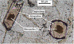 Photomicrograph of two garnets: euhedral almandine crystals cored by dark-brown menzerite-(Y). Matrix is plagioclase. Plane polarized light.