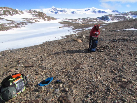 Figure 6: At Diamond Hill, Dr. Brenda Hall is jotting notes about the fossil algae sample collected which includes information such as coordinates, depth beneath surface, grain size of sediment found in, and quality of the sample. 