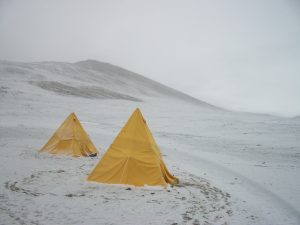 Our field camp on a snowy evening in Marshall Valley, Antarctica. Jan.2011.