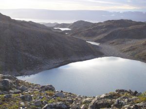 Looking west towards a series of lakes in Liverpool Land, East Greenland. Photo credit: Amanda Lusas.