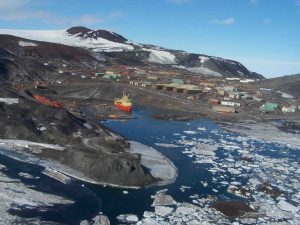An aerial view of McMurdo Station on Ross Island, Antarctica.