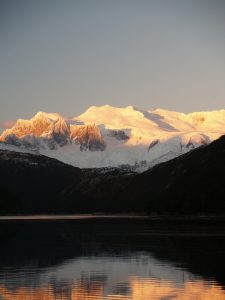 The central peaks of Cordillera Darwin, southern Chile, at sunset, viewed from Bahia Pia