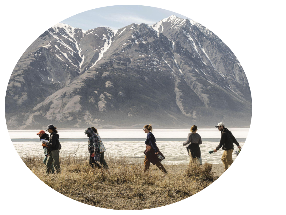 Line of students and faculty walking in front of a mountain view