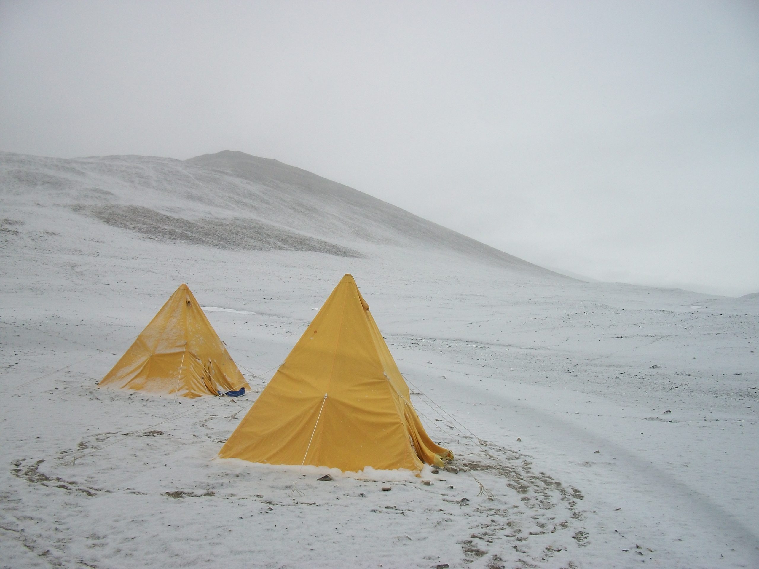 Our field camp on a snowy evening in Marshall Valley, Antarctica. Jan.2011.  Photo credit: Stephanie Allard.