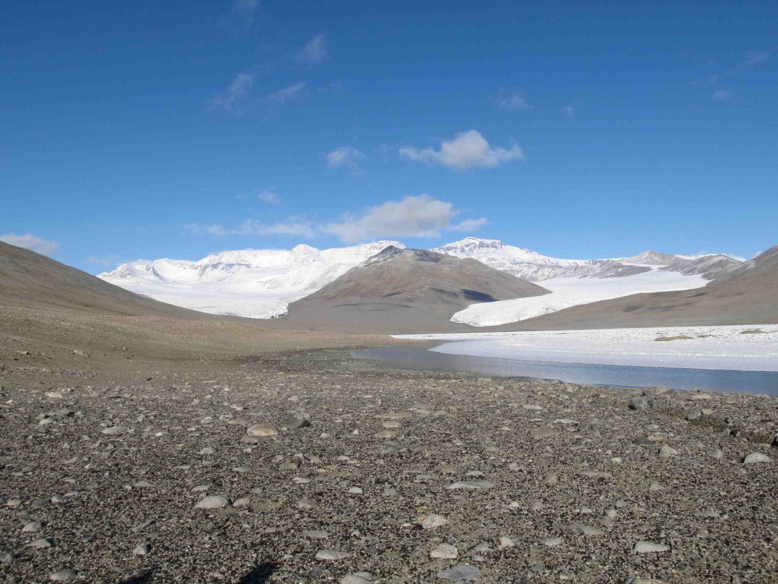 Adams Glacier (left) and Miers Glacier (right), Miers Valley, Antarctica.  Photo credit: Calvin Mako.
