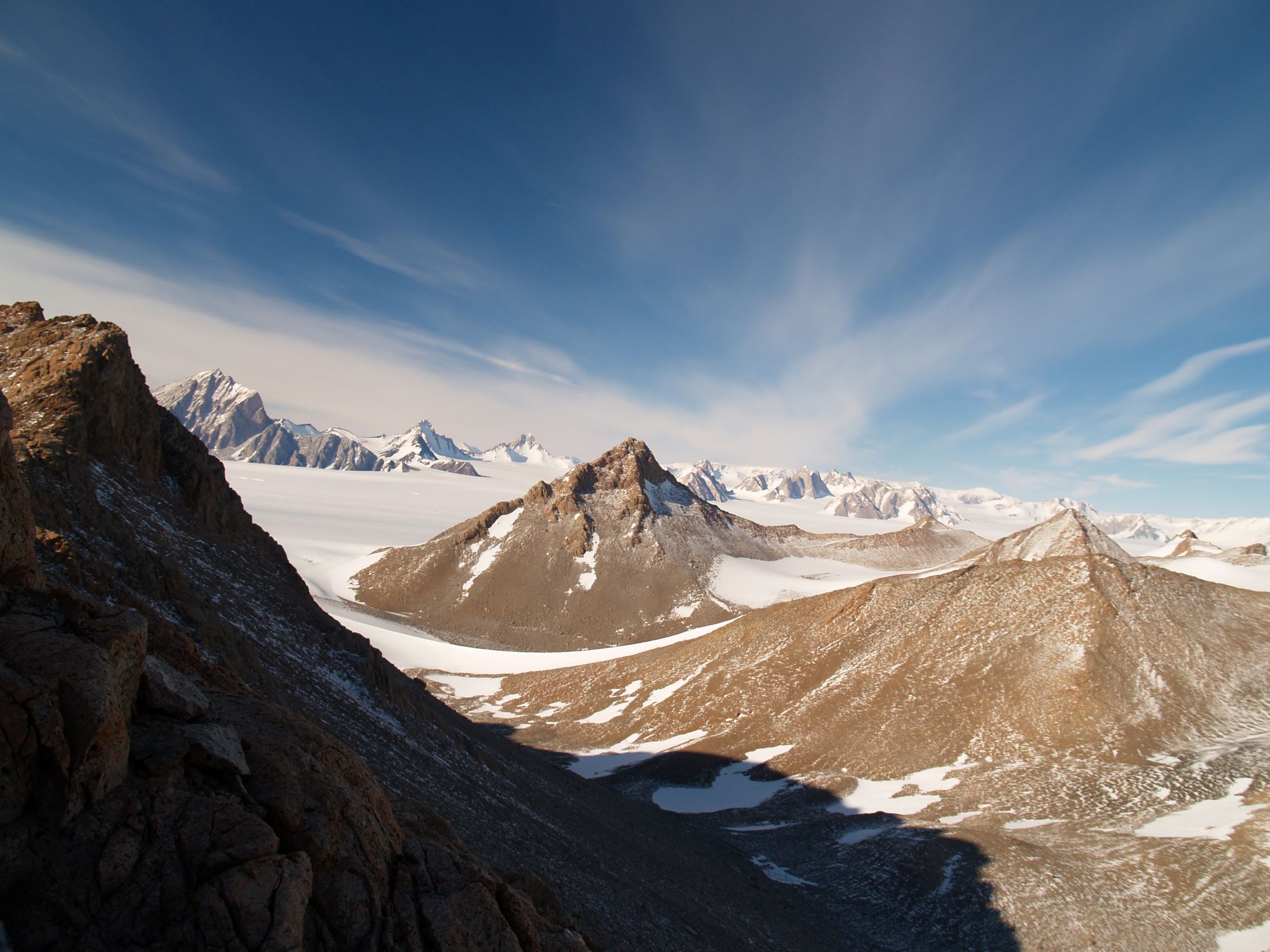View from the summit of the Cox Peaks, Scott Glacier, Antarctica. Photo credit: Brenda Hall.