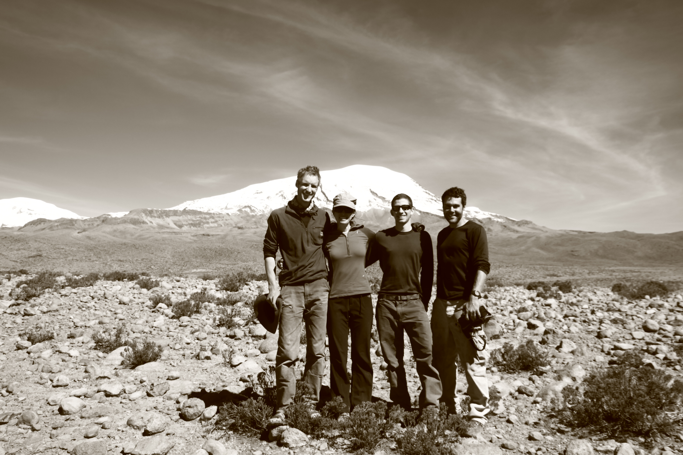 Field party consisting of Gordon Bromley, Kim Martineau, Peter Strand, and Kurt Rademaker at Nevado Coropuna.

