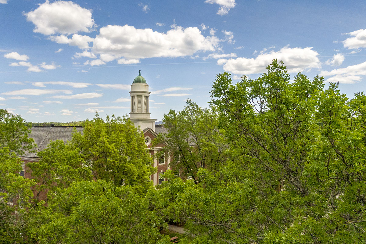 An aerial photo of Stevens Hall on the University of Maine campus.