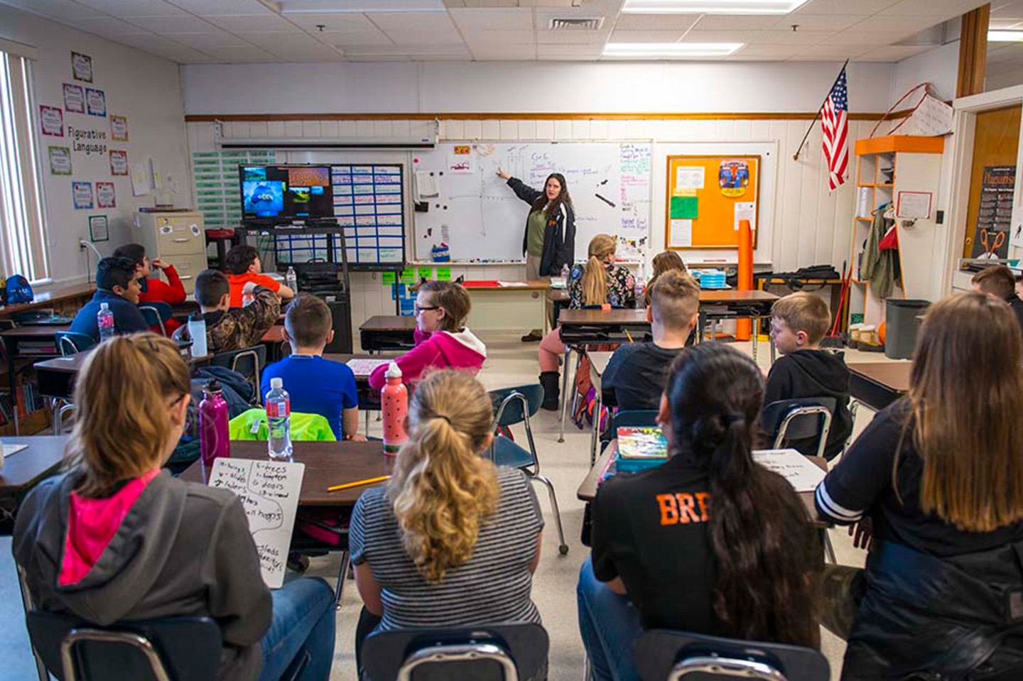 A teacher at the front of a classroom full of students