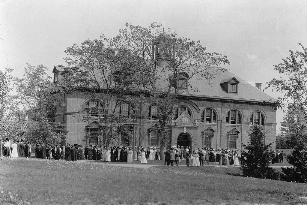 A black and white photo of Alumni Hall dated pre 1910