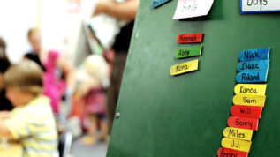 Names of students on a board in a K-12 classroom.