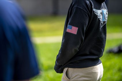 A photo of a participant in a 9/11 memorial event on the University of Maine campus.