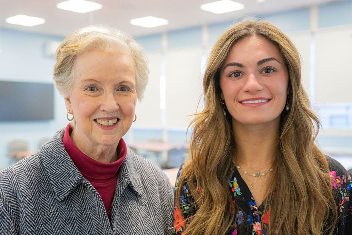 A photo of Maria Low and Joan Staffiere in a classroom at Shibles Hall.