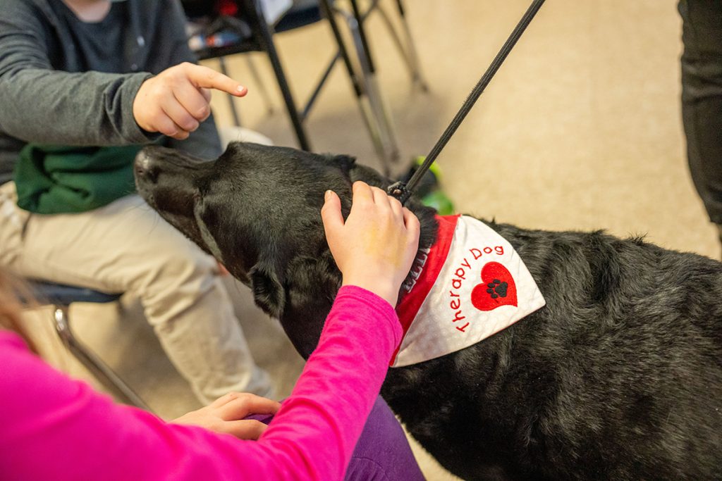 Asa Adams Elementary School students interact with Ellie, a therapy dog.