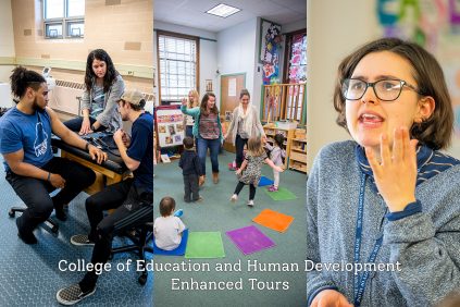 A photo collage showing what the University of Maine College of Education and Human Development has to offer. Images left to right include: Students and instructors in the Wes Jordan Athletic Training Complex; Early childhood education students and preschoolers in the Katherine Miles Durst Child Development Learning Center; and a student teacher in her classroom.