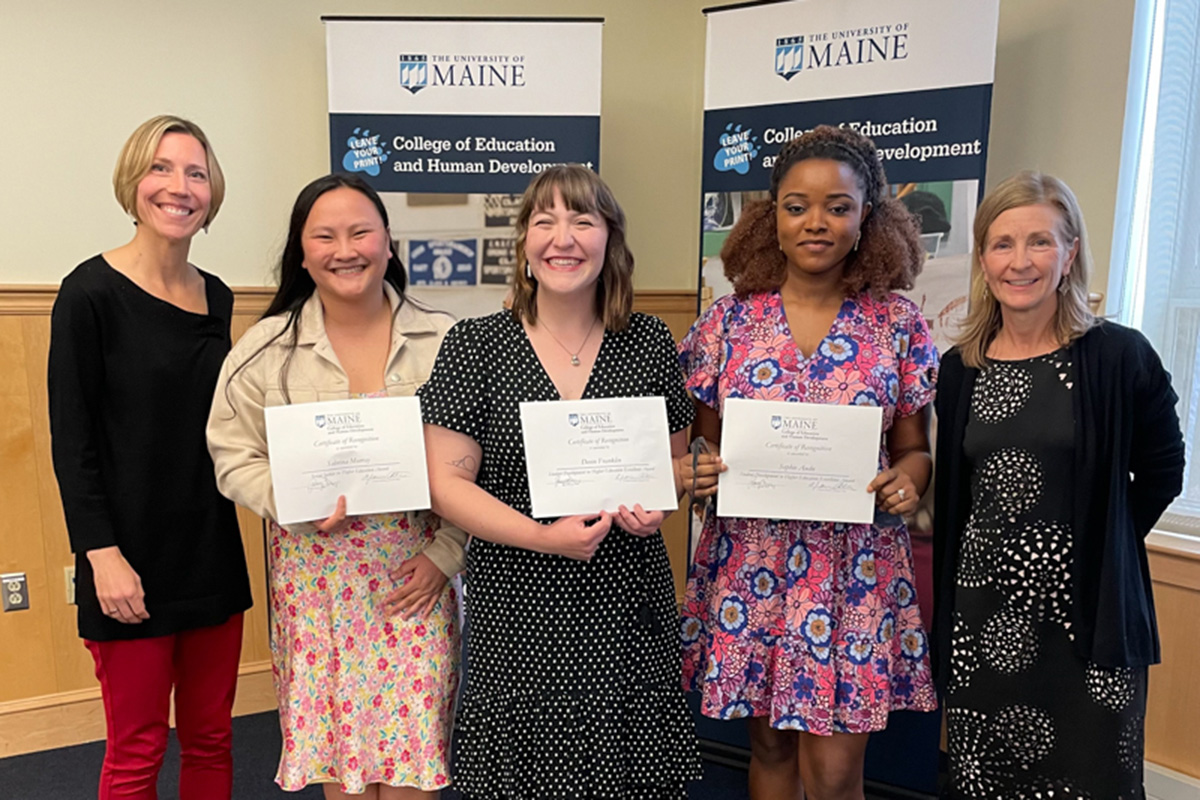 Associate professor of higher education Leah Hakkola, higher education master's students Sabrina Murray, Devin Franklin, and Sophie Audu, and professor of higher education Elizabeth Allan at the 2023 University of Maine College of Education and Human Development Student Awards Ceremony.