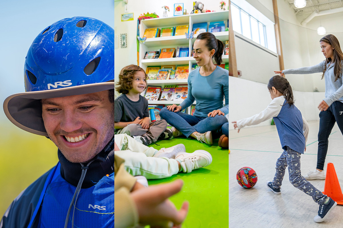 Photo collage featuring images of a kayaker, a teacher leading a classroom of young children, and a teacher helping a young girl kick a ball.