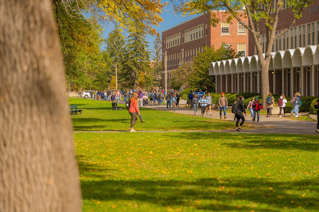 Students walk to class on the University of Maine campus.