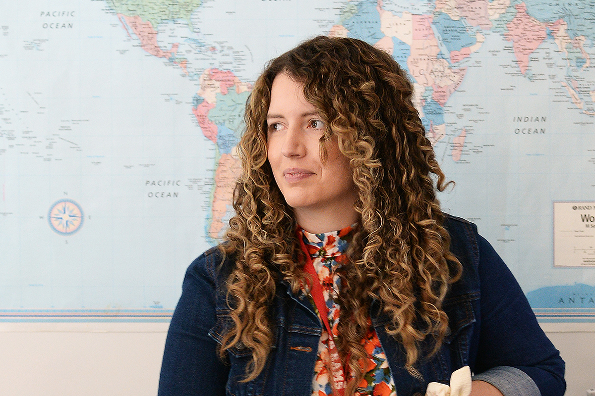 A portrait of Kelsey Stoyanova in her classroom.