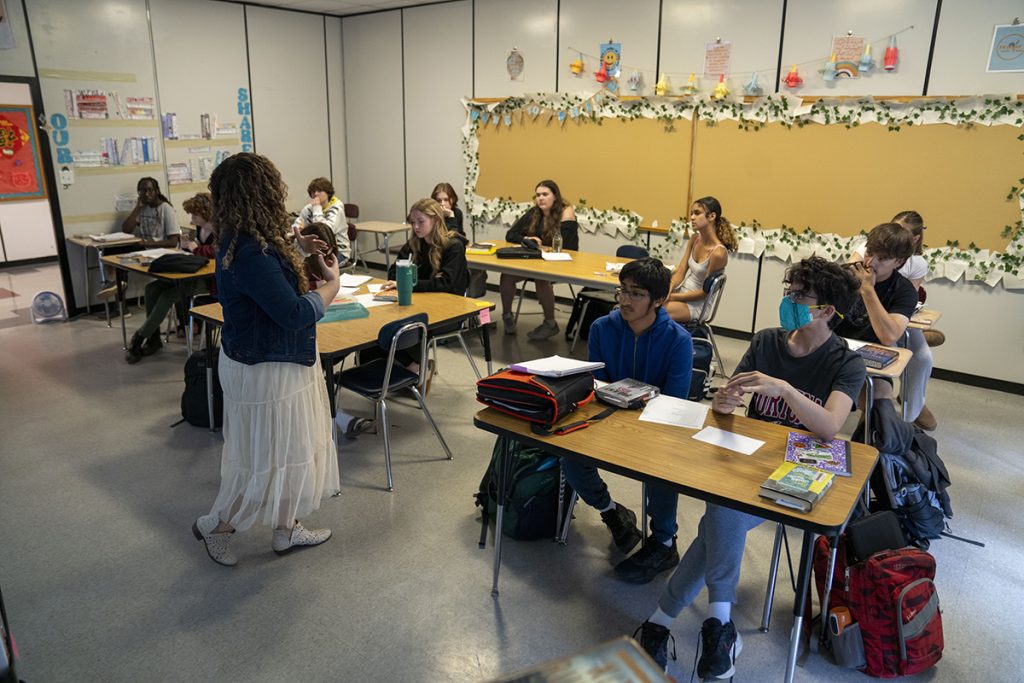 Kelsey Stoyanova leads students through a lesson in her classroom.