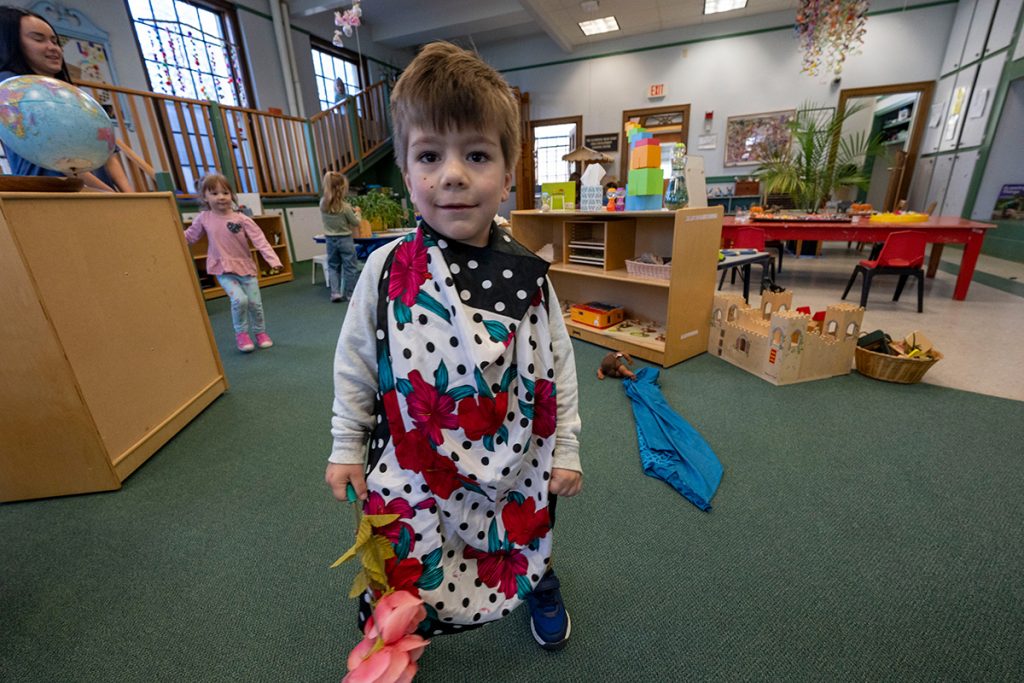 A preschooler plays at the Katherine Miles Durst Child Development Learning Center on the University of Maine campus.