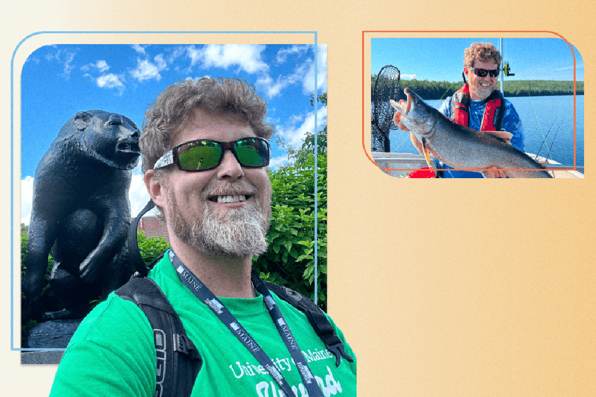 A photo collage featuring two pictures of Rusty Brown.