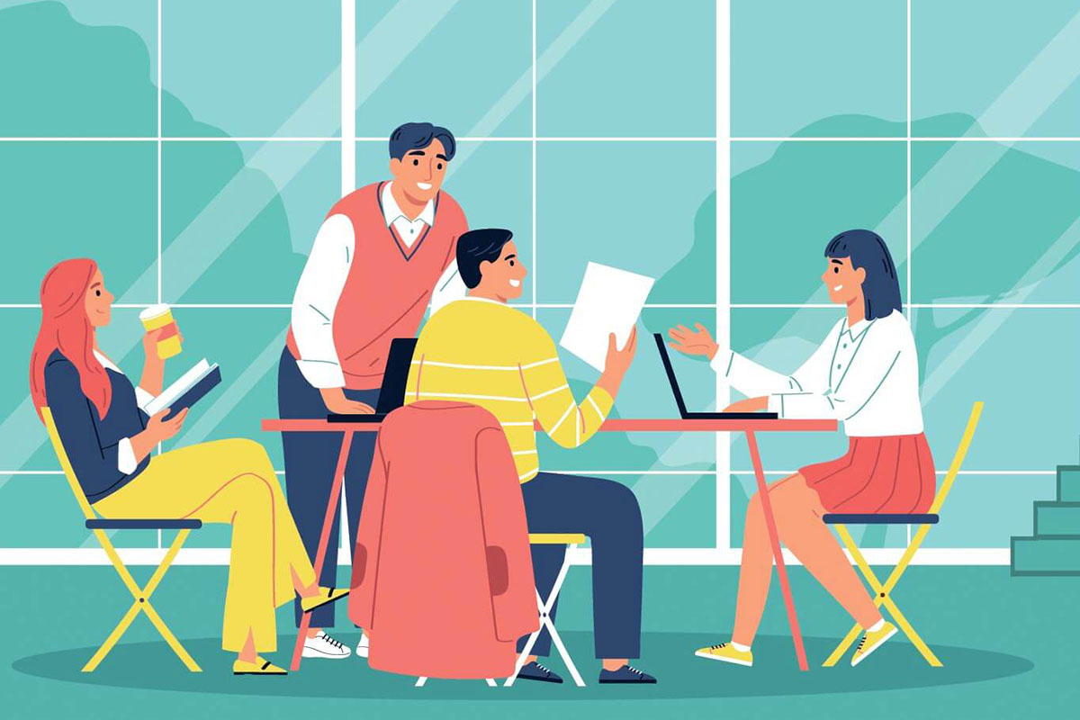 An illustration of students on a college campus