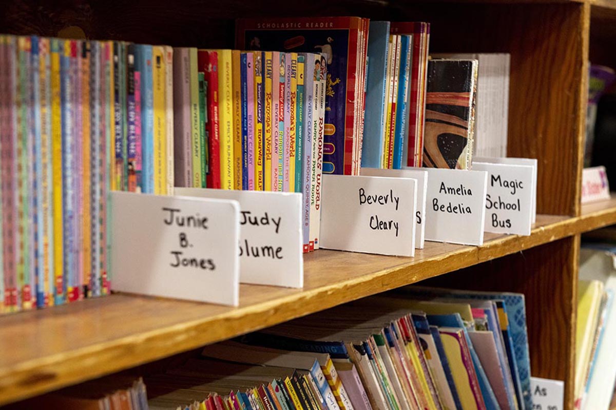 A photo of children's books on a bookshelf in a classroom.