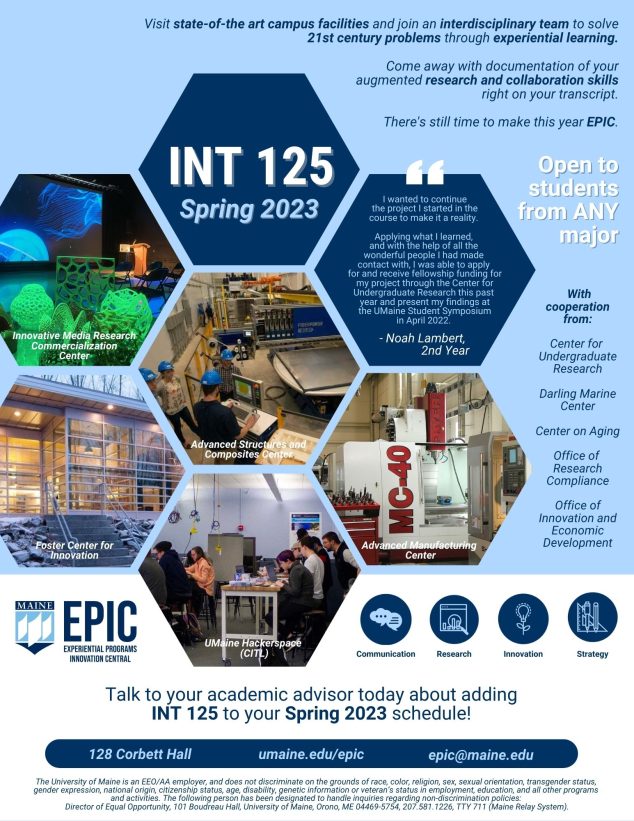 Flyer with information about INT 125 course. Contact epic@maine.edu for more information.