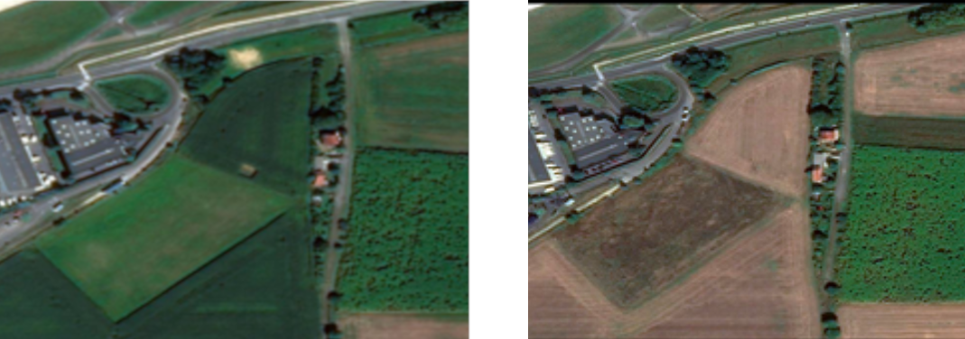 Two arial photos of land showing the large amount of change that can happen over time.