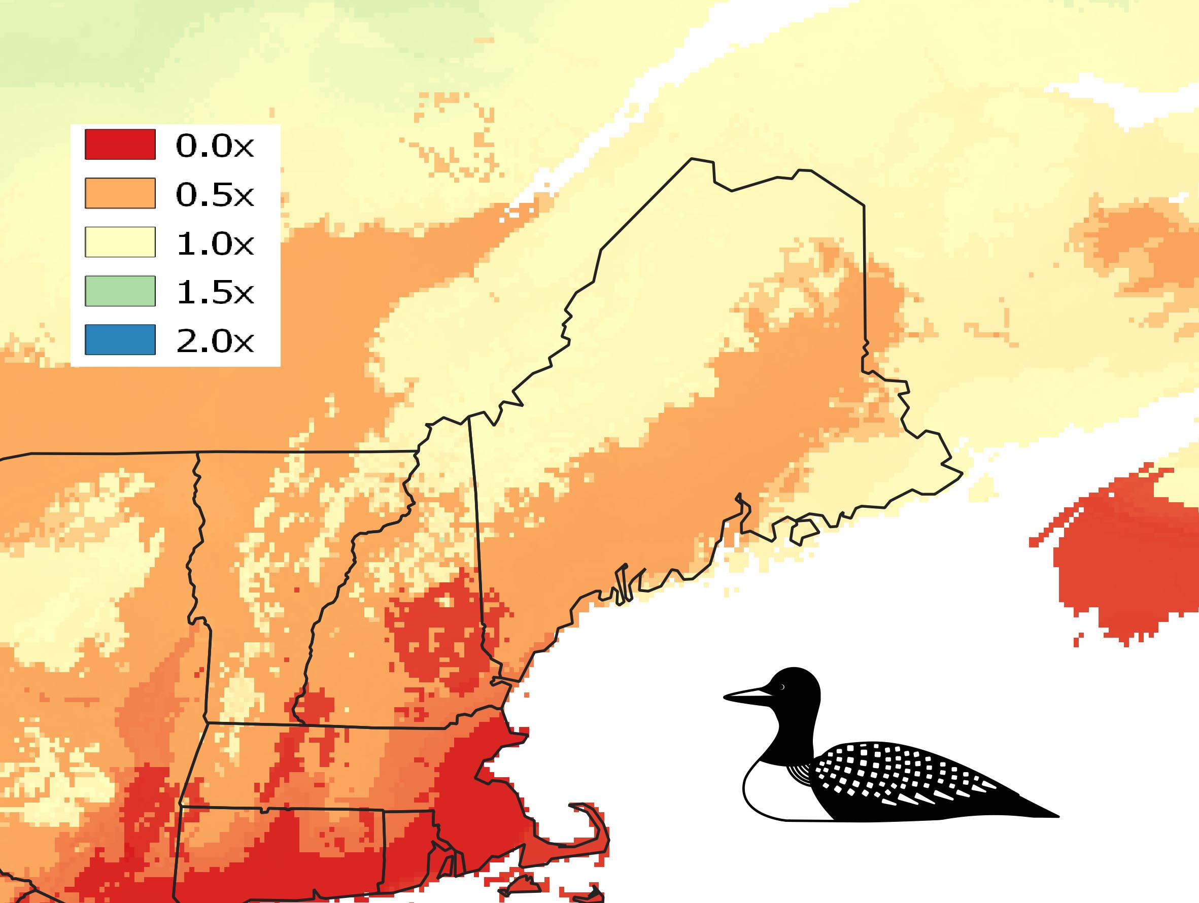 Map of New England and Southern Canada show shifts in loon populations with more northern areas being less affected than by southern areas like Massachusetts, Rhode Island, and New York among others.