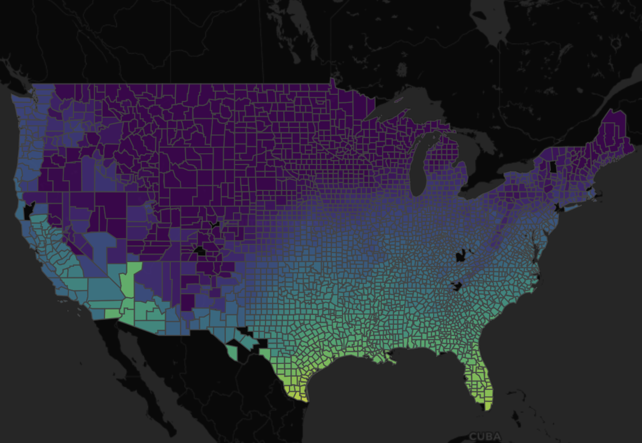 Map of continental United States with green to purple gradient