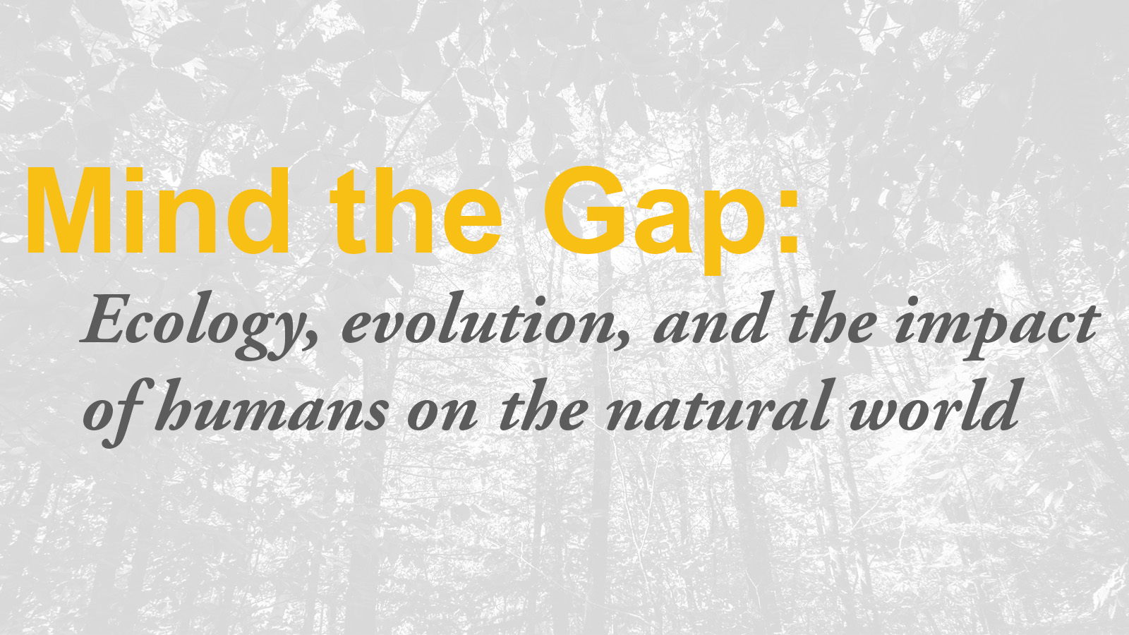 text over trees reads "Mind the Gap: Ecology, evolution, and the impact of humans on the natural world