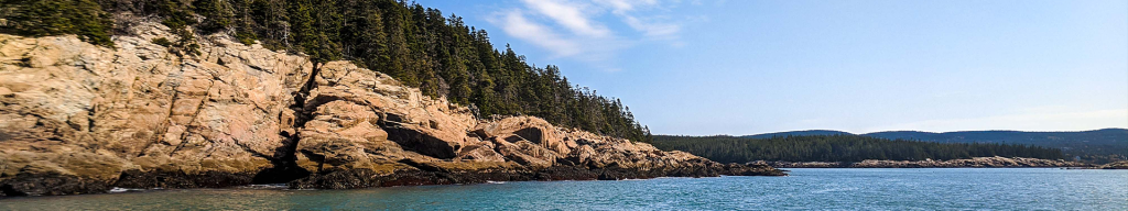 Maine coastline with evergreen, a rocky shore, and water