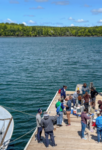 people stand on dock working with on a sunny day