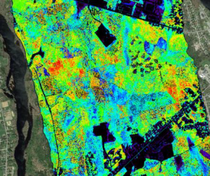 Canopy Height Model, over head map with a lot of blues, greens, and reds. 