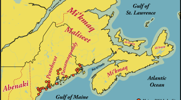 Map showing the overlay of approximate location of Wabanaki Nation Tribes over current US and Canada Borders