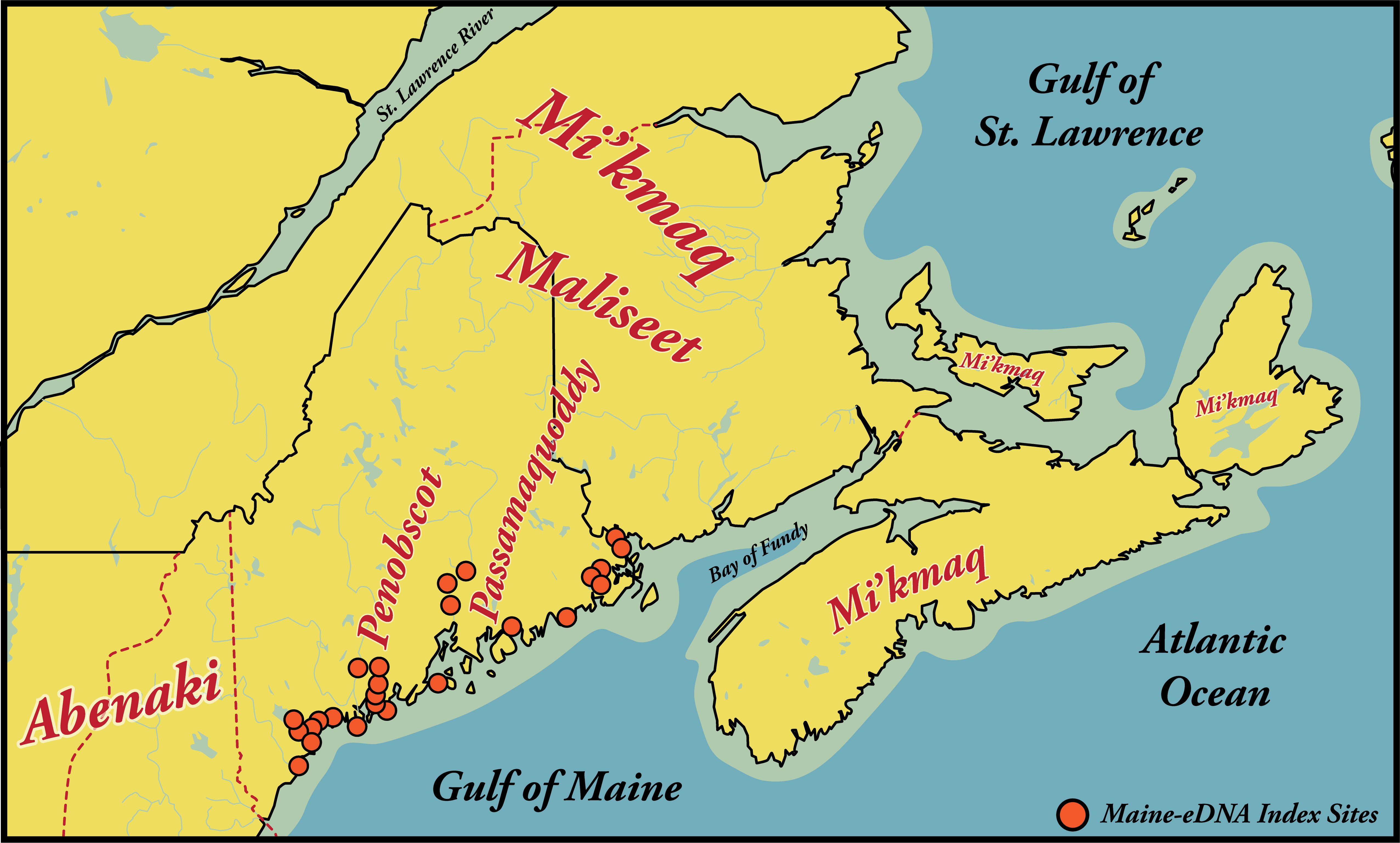 Map showing the overlay of approximate location of Wabanaki Nation Tribes over current US and Canada Borders