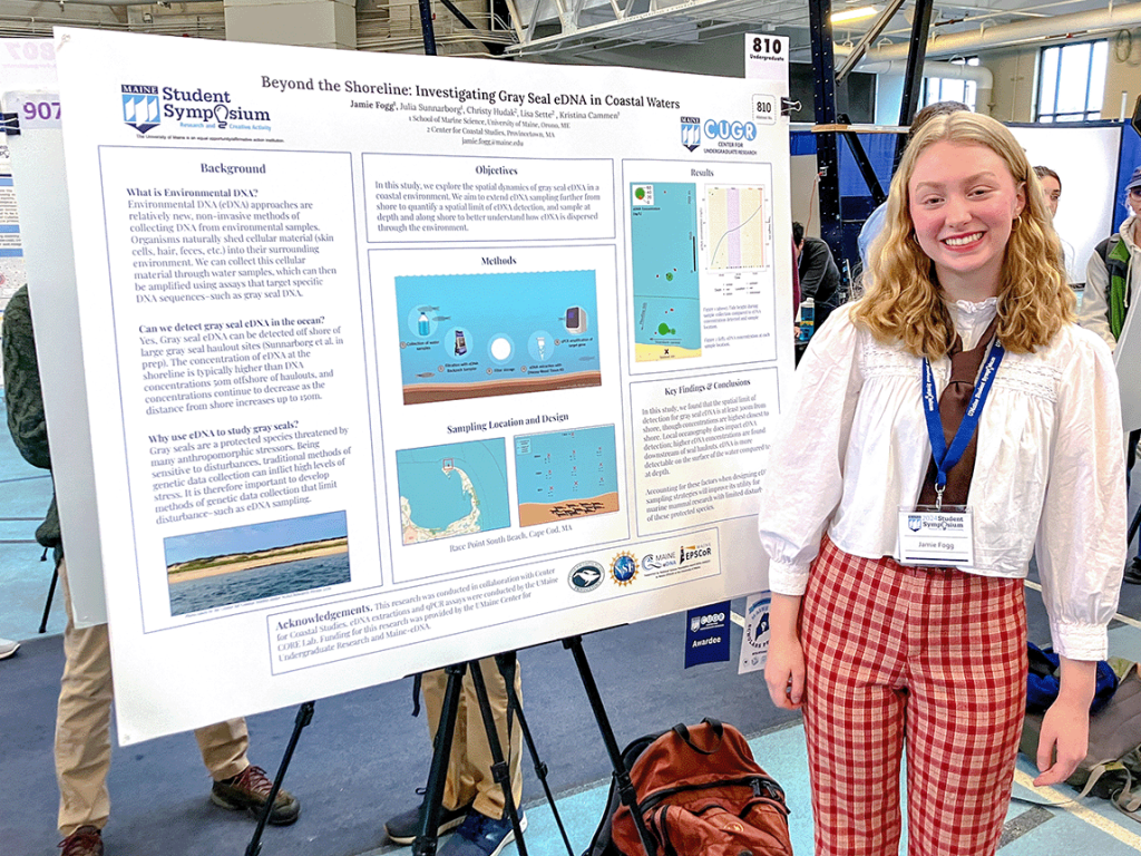 Fogg stands with her research poster at the UMaine Student Symposium