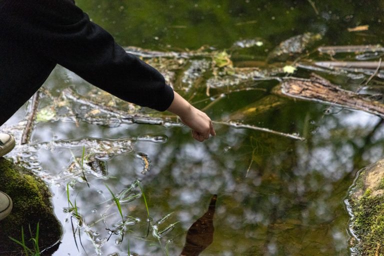 arm points with stick at water