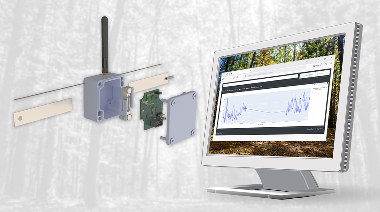 Model of dendrometer with computer showing web interface