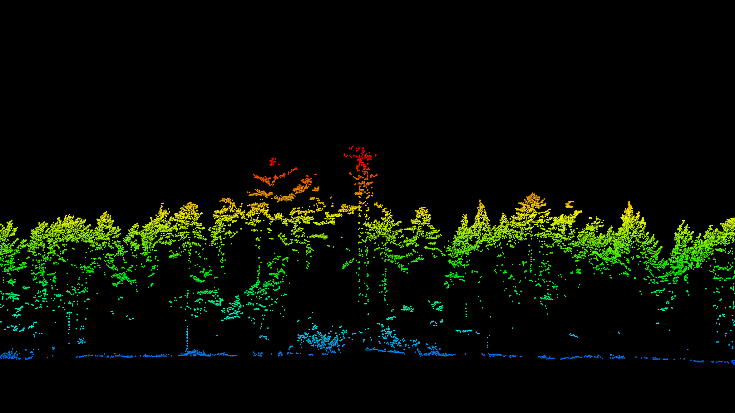 Lidar image of trees. Blue to green to red gradient over trees.