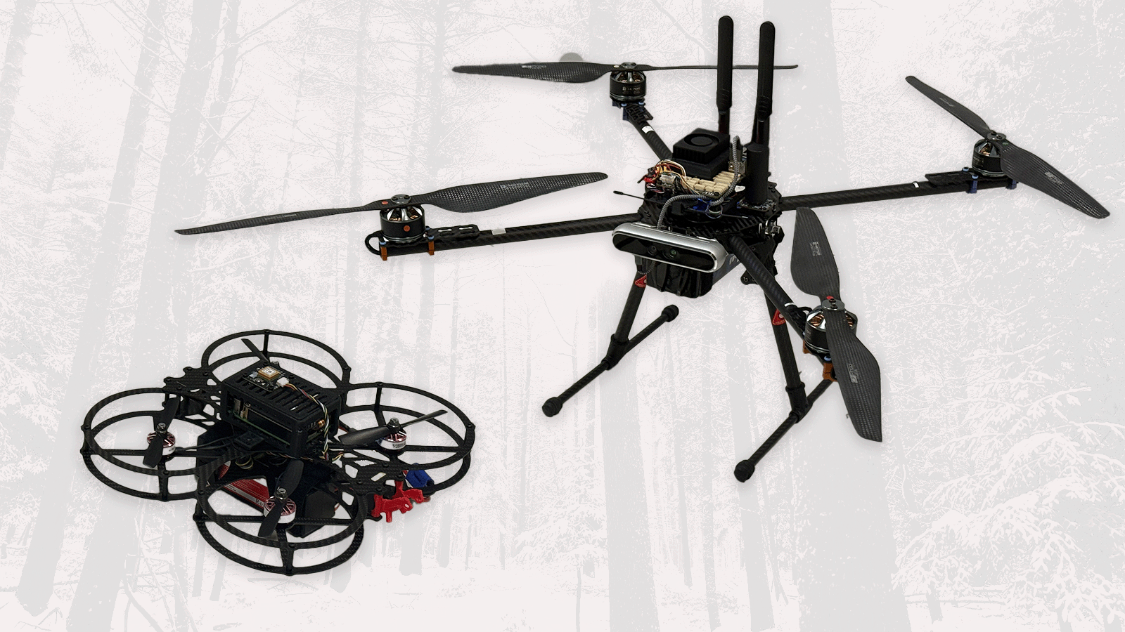 Photo of two drones over white/grey gradient map background