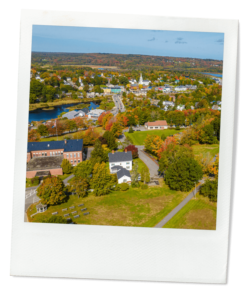 An aerial photo of Machias and UMaine Machias' campus