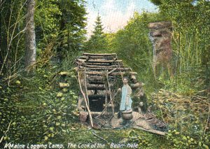 Colored postcard "A Maine Logging Camp. The Cook of the Bean hole"